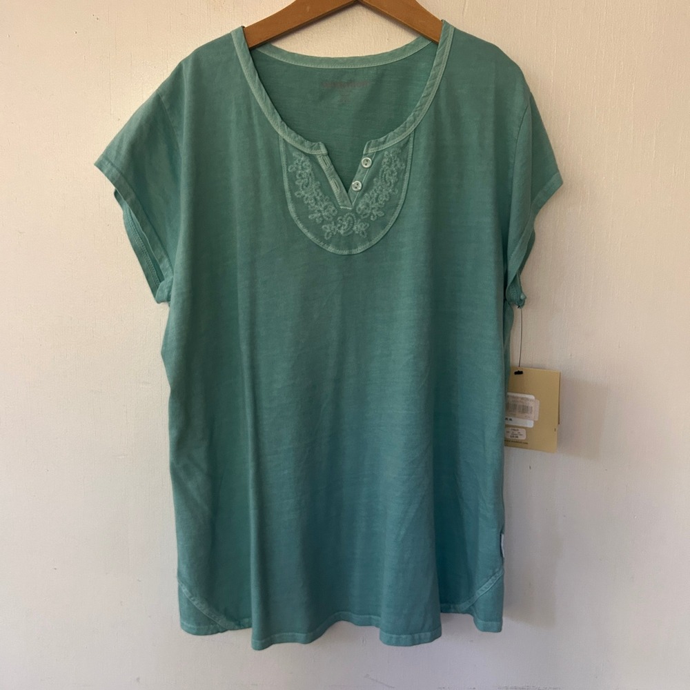 Woolrich Henley Top Womens XL Aqua Blue Embroidered Floral Cotton Tee Gorpcore